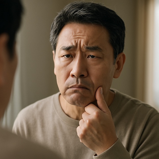 거울 속 자신의 얼굴 비대칭을 발견하고 뇌졸중 초기 증상을 의심하는 중년 남성(출처: 자체제작)