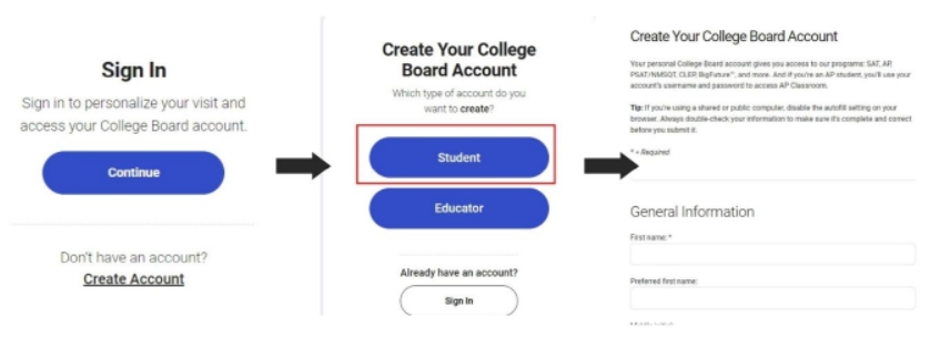Digital SAT 시험 등록 Sign In 페이지와 회원가입 페이지 스크린샷
