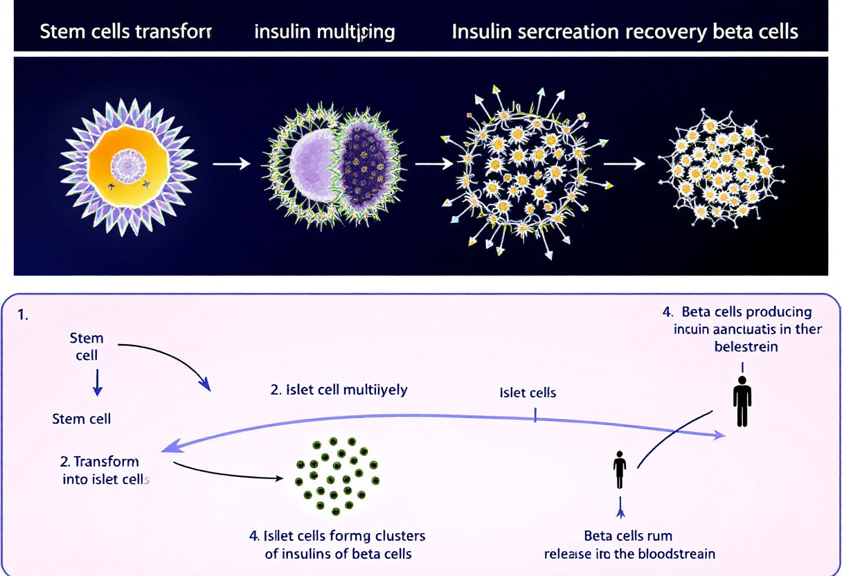 &quot;줄기세포가 췌장 베타세포로 분화하는 과정과 인슐린 분비 회복 메커니즘을 도식화한 이미지&quot;