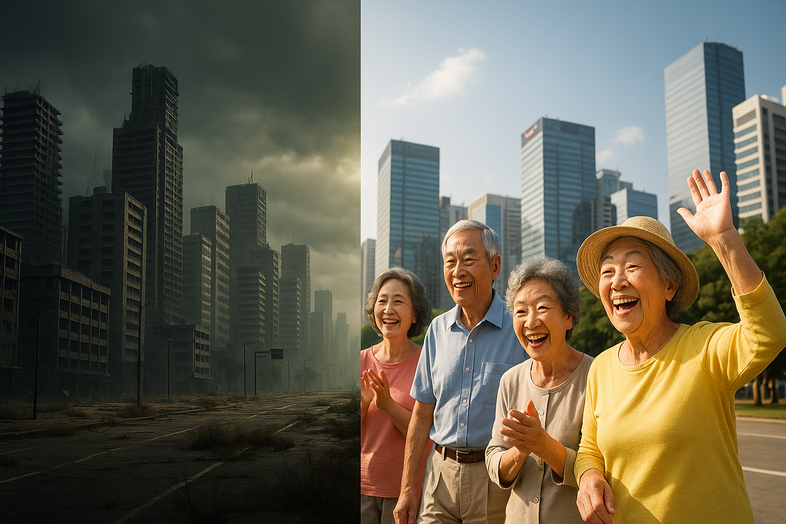 어두운 미래를 상징하는 황폐한 도시와, 한쪽에는 밝고 활기찬 노년층이 웃으며 활동하는 모습을 대비해 표현