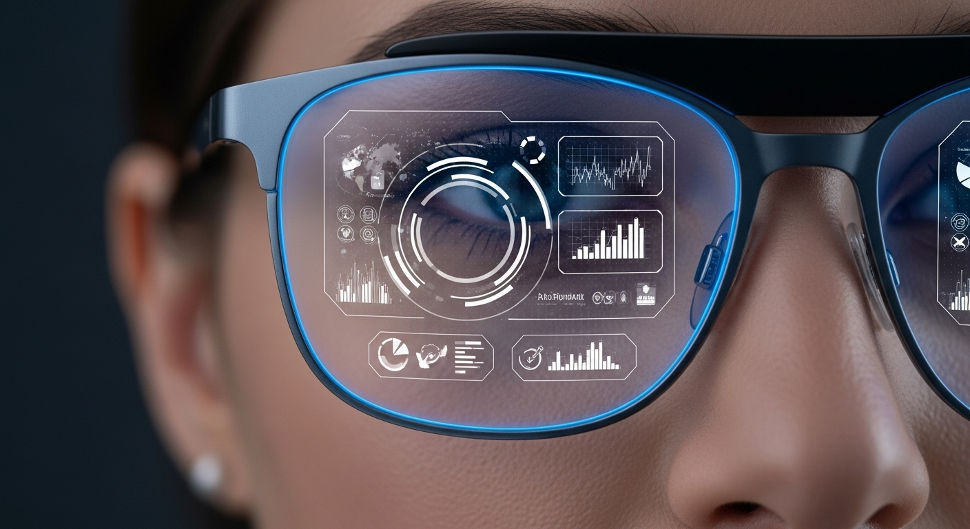 구글 삼성 AI 글라스의 세련된 디자인과 마이크로 OLED 디스플레이를 통해 눈앞에 표시되는 증강현실 정보 화면. 기술적인 혁신을 강조.