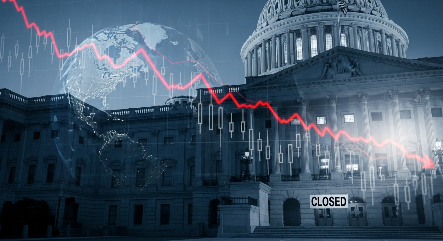 "A detailed, professional, and slightly dramatic image. A closed government building (like the Capitol or a federal office) with a 'CLOSED' sign, overlaid with a graphic of downward-trending economic charts and a globe. Use a deep blue and gray color scheme, emphasizing tension and global impact. Cinematic lighting, photorealistic quality."