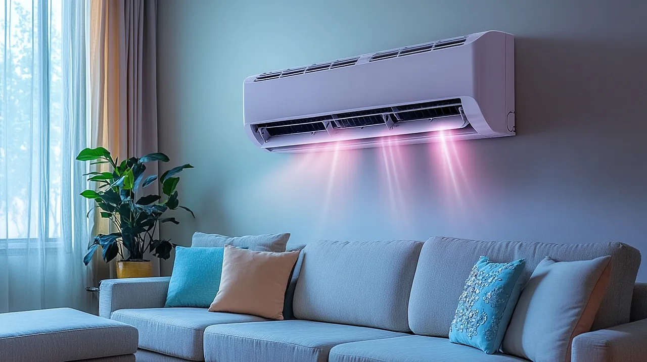 실내 공기가 맑고 쾌적한 환경 속에서 기분 좋게 자리 잡은 거실 모습, 에어컨의 성능과 편안한 분위기를 강조.