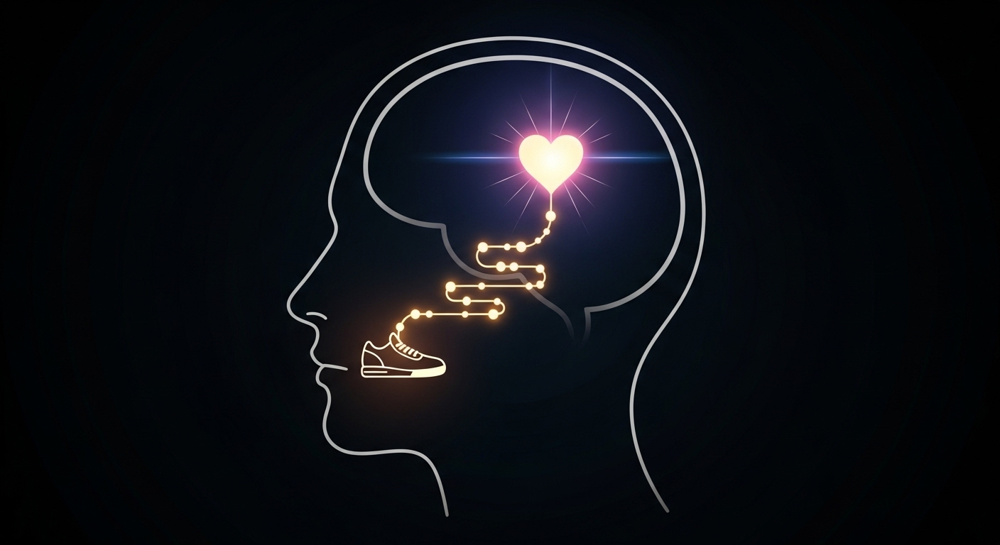 뇌 속에서 운동(신발 아이콘)과 보상(별 아이콘)이 연결되어 긍정적인 습관 회로가 만들어지는 것을 상징하는 이미지
