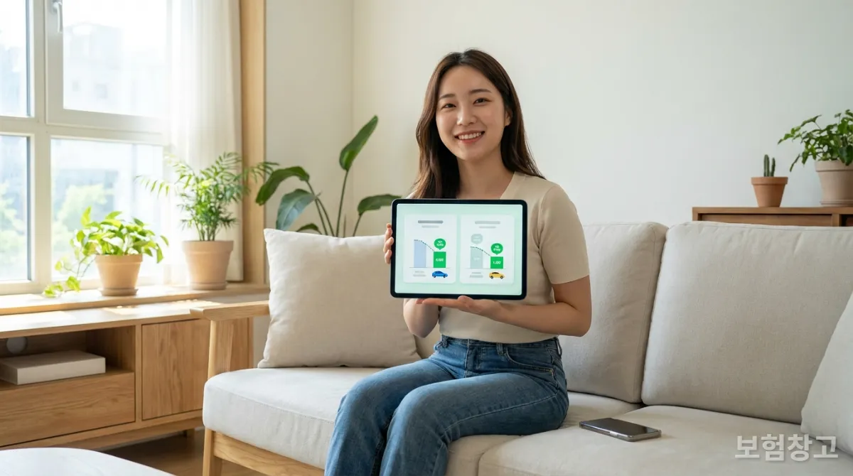 태블릿으로 온라인 다이렉트 자동차보험을 비교하며 만족해하는 한국인