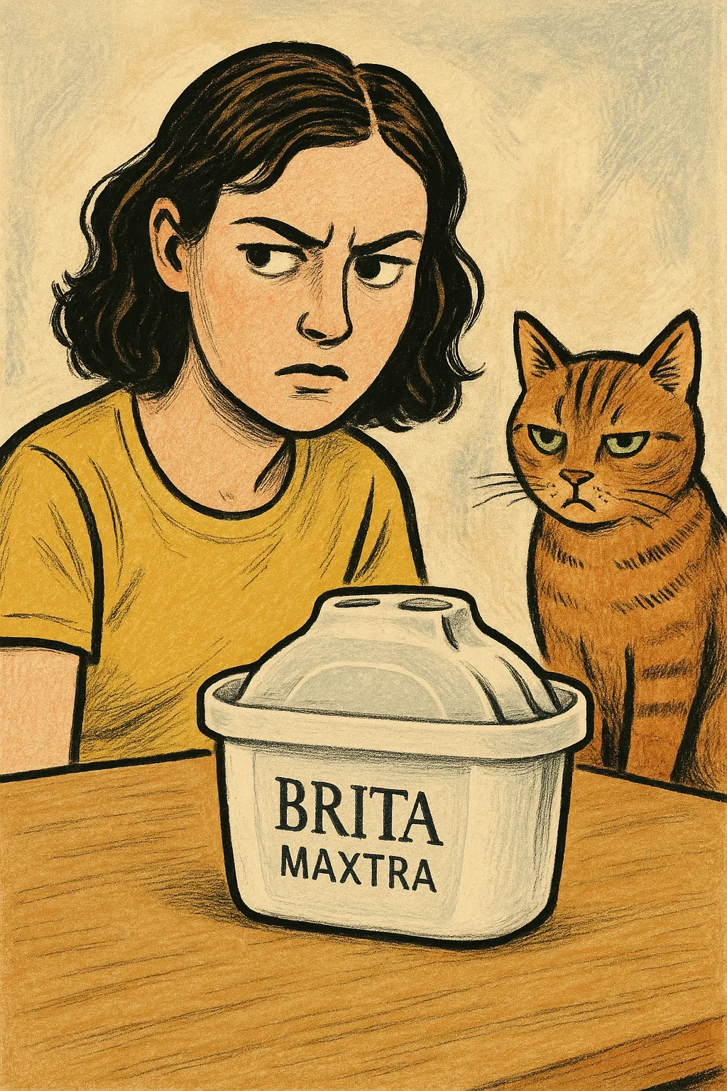 식탁위에 놓여진 네모난 브리타 맥스트라 필터. 젊은 여성과 고양이는 약간 의심스런 눈으로 쳐다보고 있다.