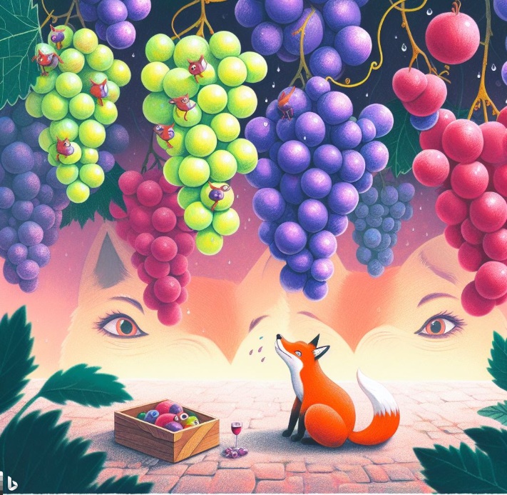 먹고 싶은 포도가 너무 높이 매달려 있어 쳐다만 보고 있는 여우의 모습