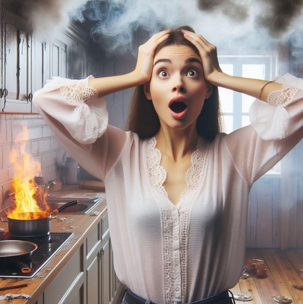냄비에 불이 붙어서 놀란 여성