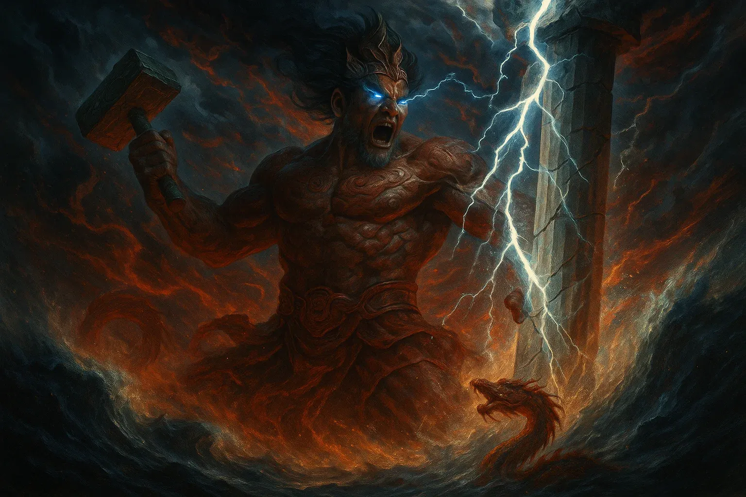 중국 전통 신화 속 물의 신 공공이 하늘기둥을 부수며 대홍수를 일으키는 장면을 현대적으로 재해석한 일러스트