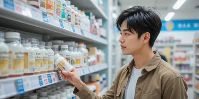 약국 진열대에서 알파리포산 성분표를 집중해서 살펴보는 남성의 모습