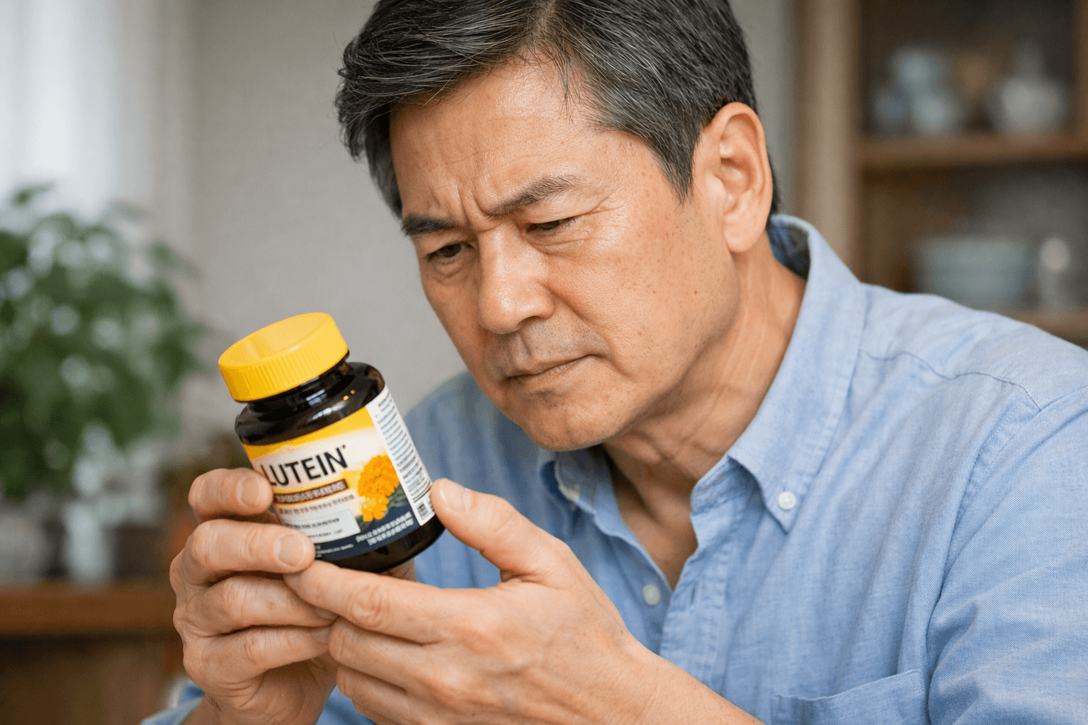 루테인 영양제 복용 전 라벨을 꼼꼼히 확인하는 한국인 남성