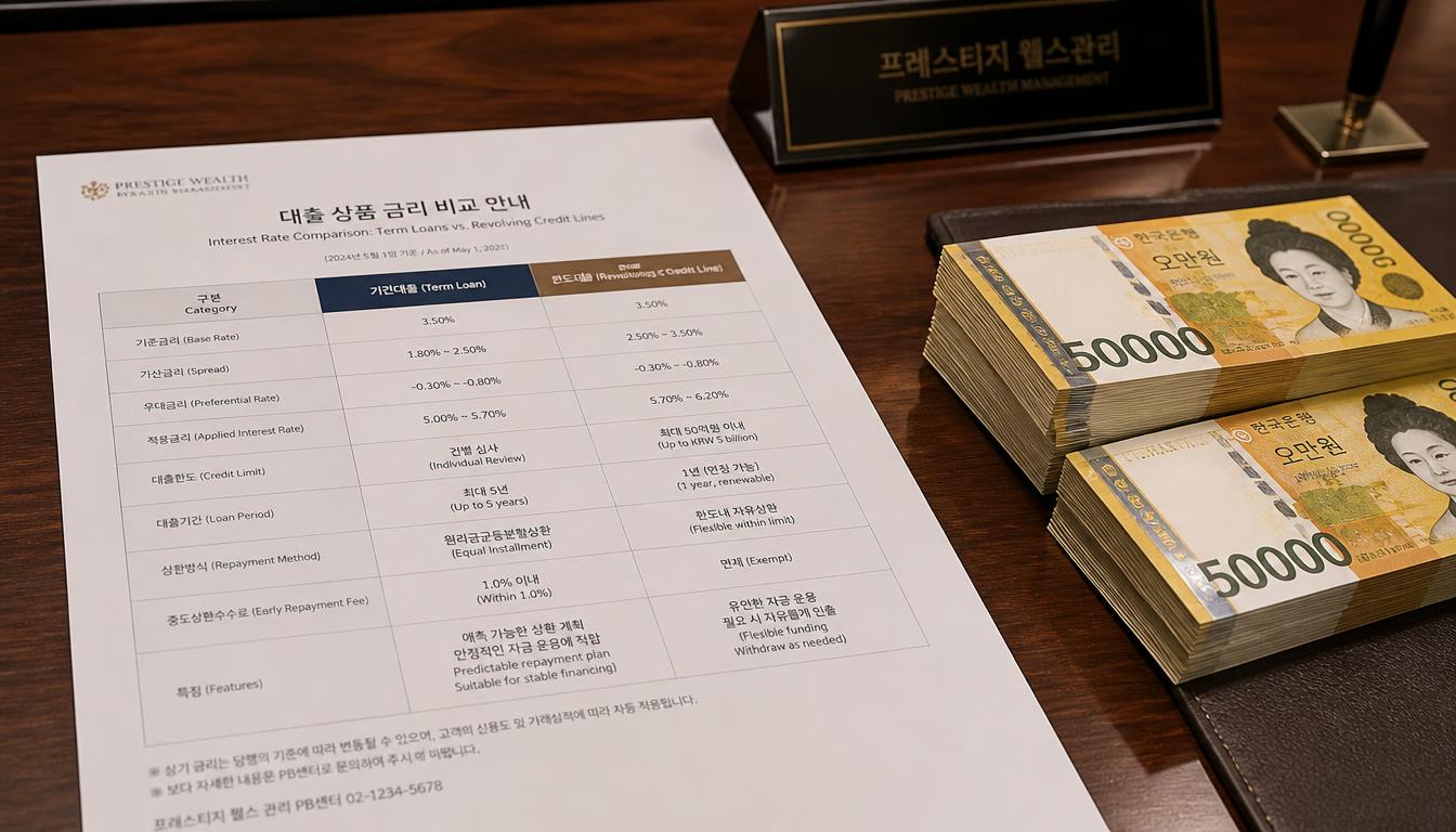 은행 VIP 프라이빗 상담실 원목 테이블 위에 인쇄된 신용대출 vs 마이너스통장 금리 비교표와 선명한 노란색 5만 원권 신권 지폐 뭉치, 태블릿이 놓여 있는 금융 상담 매크로 컷.