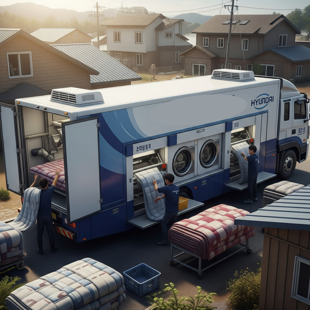 '긴급구호'라고 적힌 현대차의 대형 세탁구호차량이 수해 지역에서 이불 등을 세탁하는 모습