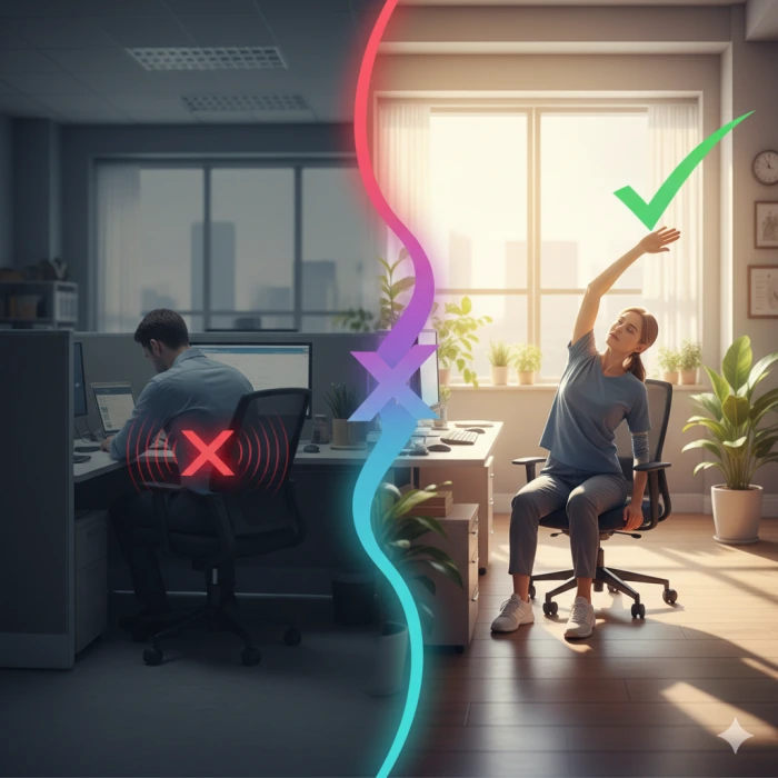 구부정한 자세로 허리 통증을 느끼는 직장인의 모습과 대비되어, 사무실 의자에서 허리 스트레칭을 시원하게 하는 직장인의 모습이 담긴 이미지.