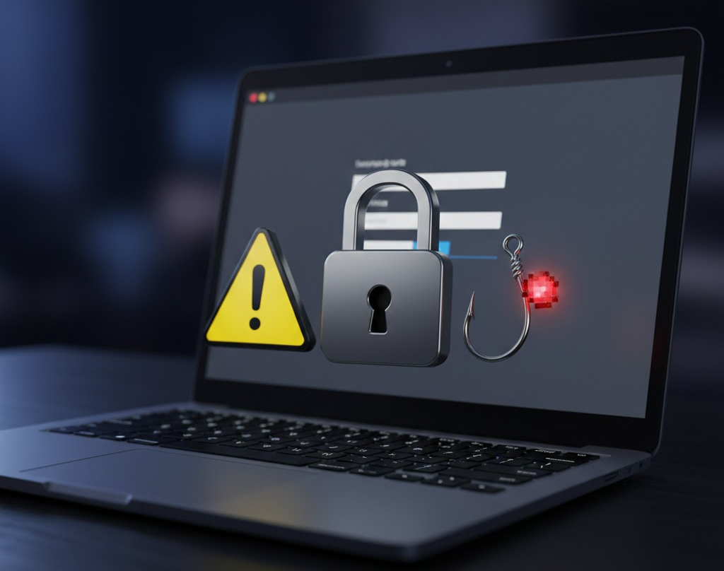 가짜 스토리 뷰어 사이트로 인한 피싱 위험을 경고하는 보안 일러스트(잠금 아이콘, 경고 표식)