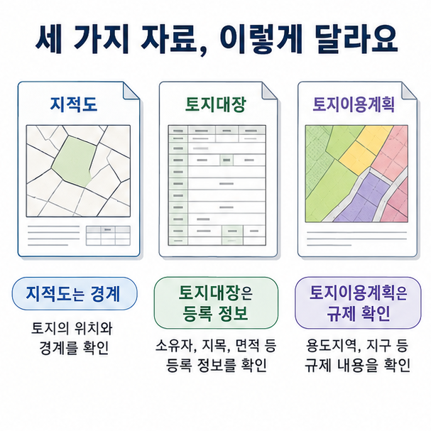 지적도와 토지대장, 토지이용계획의 차이를 문서 아이콘으로 비교한 이미지
