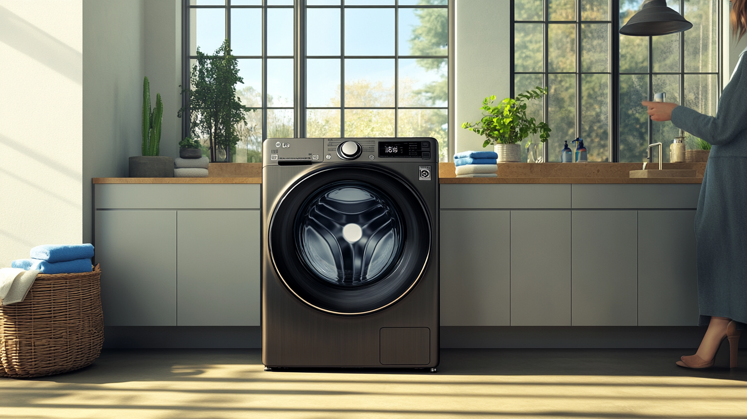 LG 세탁기가 6모션 기술을 활용하는 모습으로, 사용자가 정교한 조작을 하는 장면. 따뜻하고 밝은 세탁실 분위기.