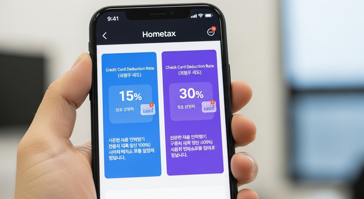 스마트폰으로 홈택스 연말정산 미리보기 앱을 사용하는 모습. 간편한 연말정산 절차를 시각적으로 보여줍니다.