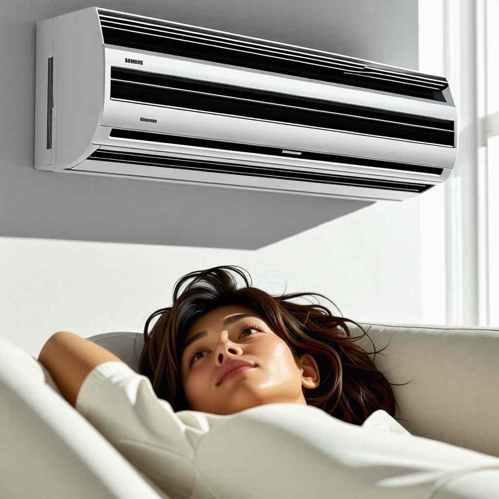 여자가 에어컨 아래에서 쉬고 있다
