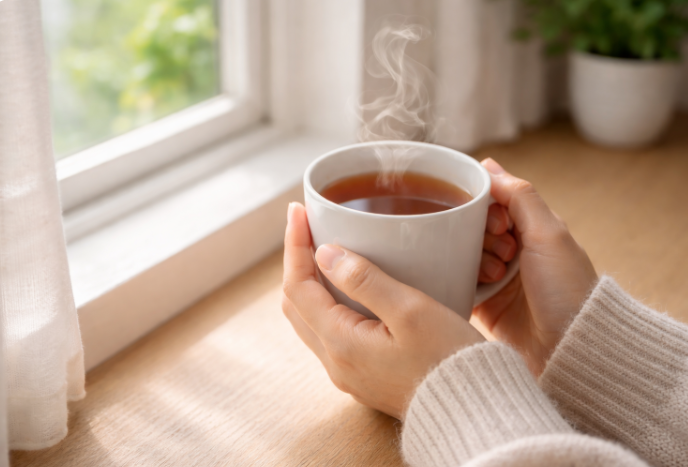 아침 햇살이 들어오는 창가에서 김이 오르는 따뜻한 차를 두 손으로 감싸 들고 있는 모습
