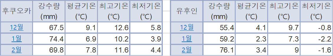 겨울의 평균 강수량과 기온