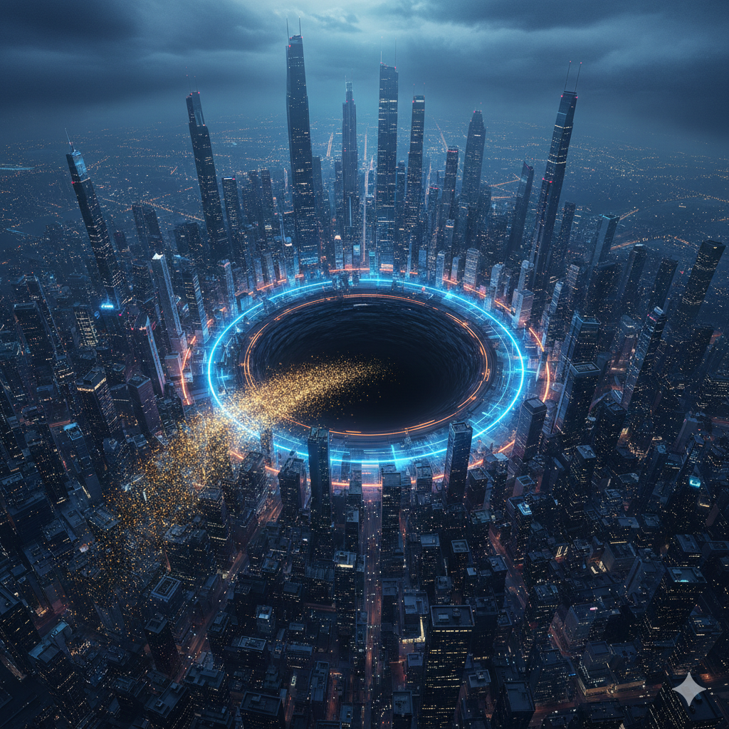 미래적인 도시 중심에 거대한 원형 구조가 형성된 장면, 데이터와 선택이 흡수되는 시스템을 상징하는 이미지