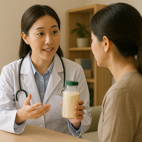 특수 옥수수전분을 설명하는 의사