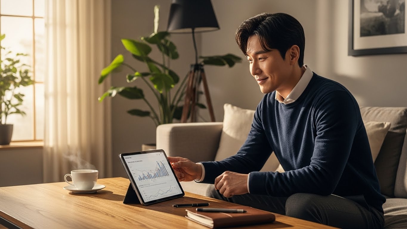 새해를 맞아 IRP 세액공제 한도를 확인하며 자산 관리 계획을 세우는 남성의 모습