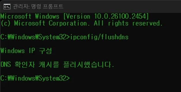 Windows 관리자 명령 프롬프트 실행 화면 중 DNS 데이터 캐시 플러시 화면