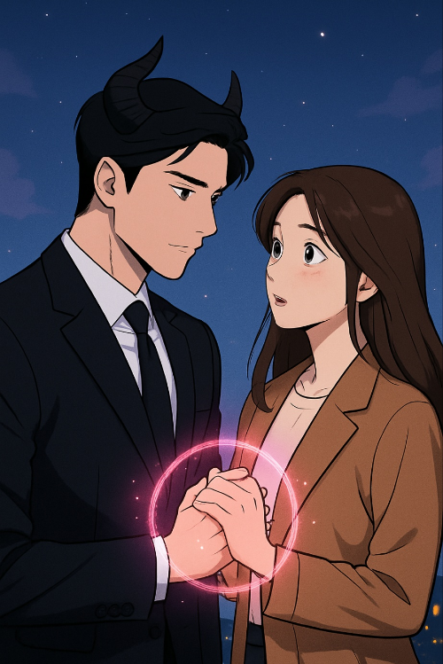 악마의 남성과 여성이 손을 잡고 로맨스에 빠져있는 모습