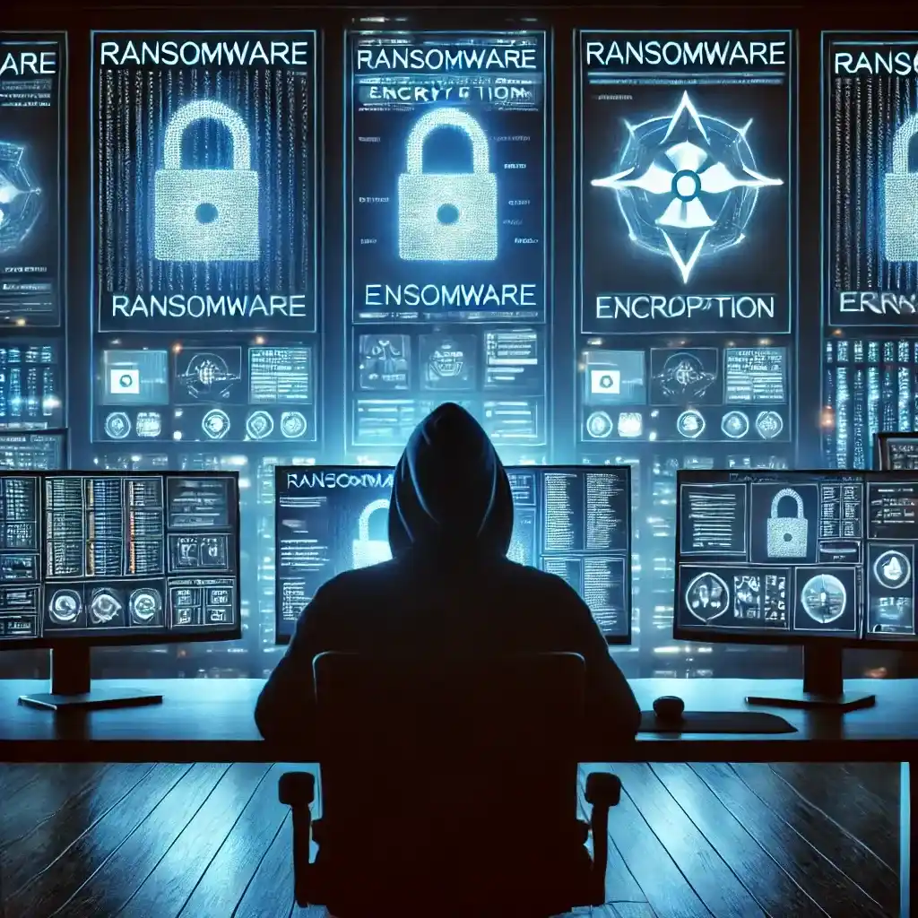 Realistic image of a cybersecurity analyst monitoring ransomware threats in a high-tech office environment.
