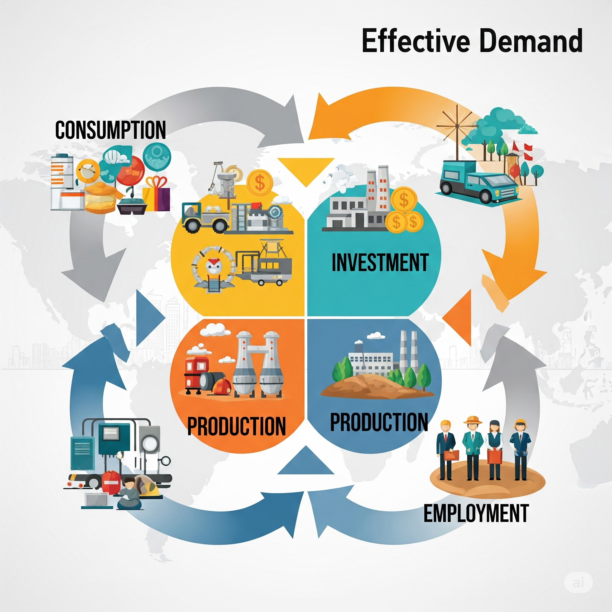 이 이미지는 유효 수요 이론을 시각적으로 표현한 것으로, 소비, 투자, 생산, 고용 네 가지 핵심 요소가 서로 유기적으로 영향을 주고받는 경제 순환의 역동성을 보여줍니다.