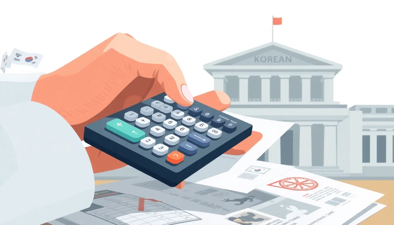 한국의 한 손이 계산기를 들고 서류와 건물 앞에 서 있다.