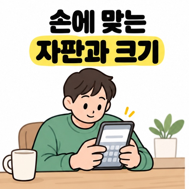 손에 맞는 자판과 크기라는 문구 아래 책상에서 키보드가 표시된 휴대전화로 입력하는 남성