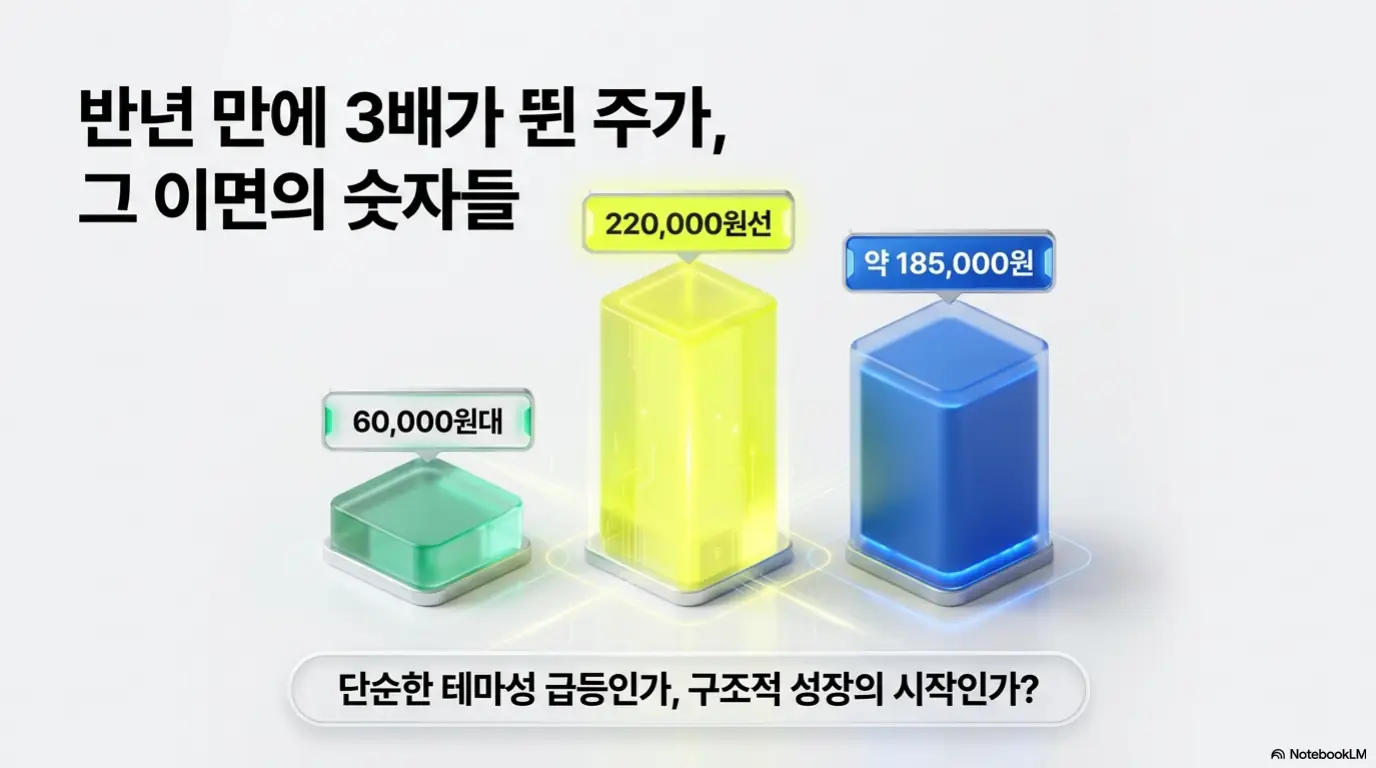 &amp;#39;DB하이텍 주가 반년 만에 3배 급등&amp;#39;이라는 문구와 6만 원대에서 22만 원선을 거쳐 약 18만 5천 원으로 이어지는 막대그래프가 담긴 이미지. 이 이미지는 DB하이텍 주가의 단기 급등과 최근 조정 흐름을 시각적으로 전달하며&amp;#44; 블로그의 DB하이텍 주가 전망과 관련된 내용을 설명함 