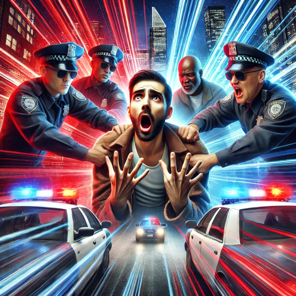 경찰들에게 둘러싸여 혼란스럽고 겁에 질린 범죄자의 모습. 배경에는 깜빡이는 경찰차 불빛과 도시 풍경.