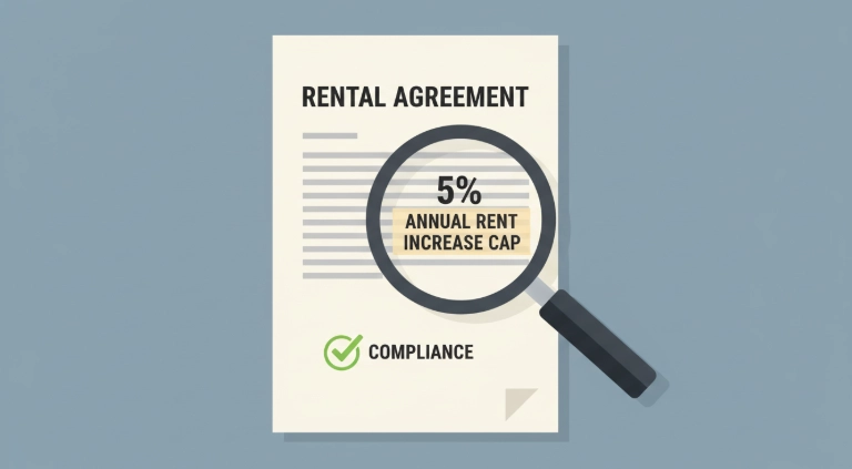 임대차 계약서와 5% 인상 제한을 확대경으로 확인하는 모습, 임대료 증액 준수 강조
