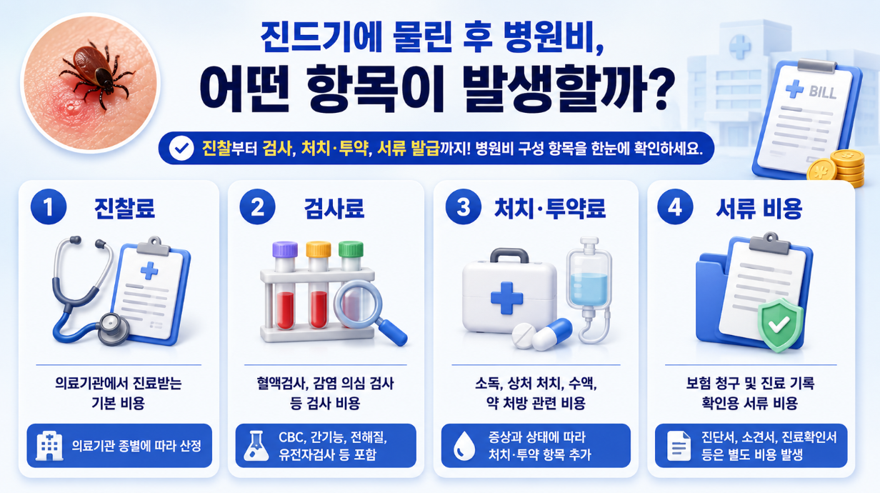 2. 진드기에 물린 뒤 병원비가 진찰료, 검사료, 처치&middot;투약료, 서류 비용으로 구성되는 항목을 설명한 인포그래픽