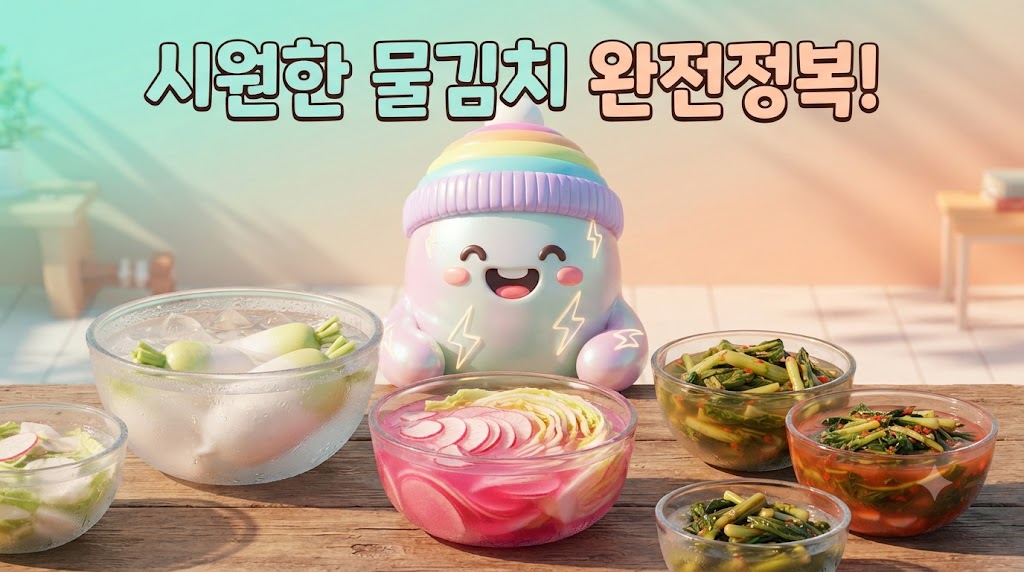쫀쿠가 여름 햇살 아래 살얼음이 동동 뜬 시원한 물김치 한 대접을 앞에 두고 행복해하고 있습니다. 동치미, 나박김치, 오이소박이 등 다양한 물김치와 함께하는 여름 밥상 초대장입니다.제작이유: 시리즈 4편의 메인 썸네일입니다. 호기심 많은 쫀쿠 캐릭터가 여름철 대표 물김치들을 한눈에 보여주며, 독자들에게 '오늘 배울 내용이 무엇인지' 직관적으로 전달합니다. 따뜻한 3D 렌더링 스타일과 파스텔 톤의 시원한 배경색을 사용하여 계절감을 강조했습니다.