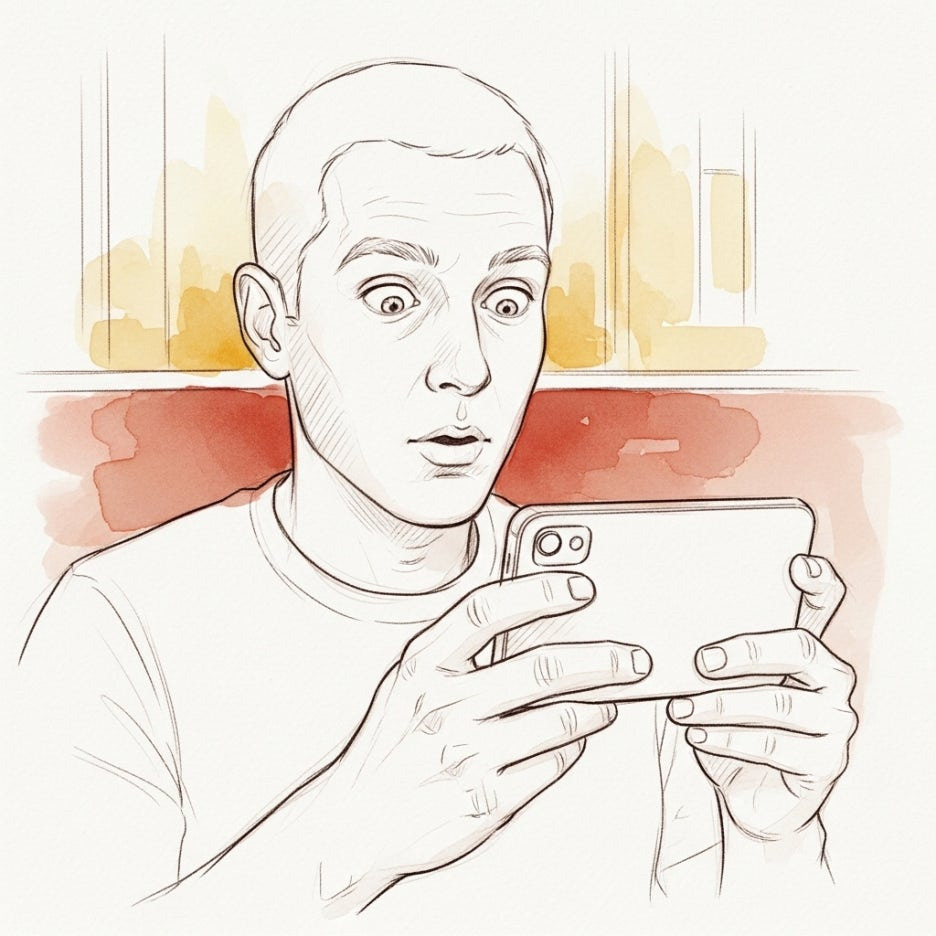 스마트폰을 보며 깜짝 놀라는 표정의 남성 일러스트