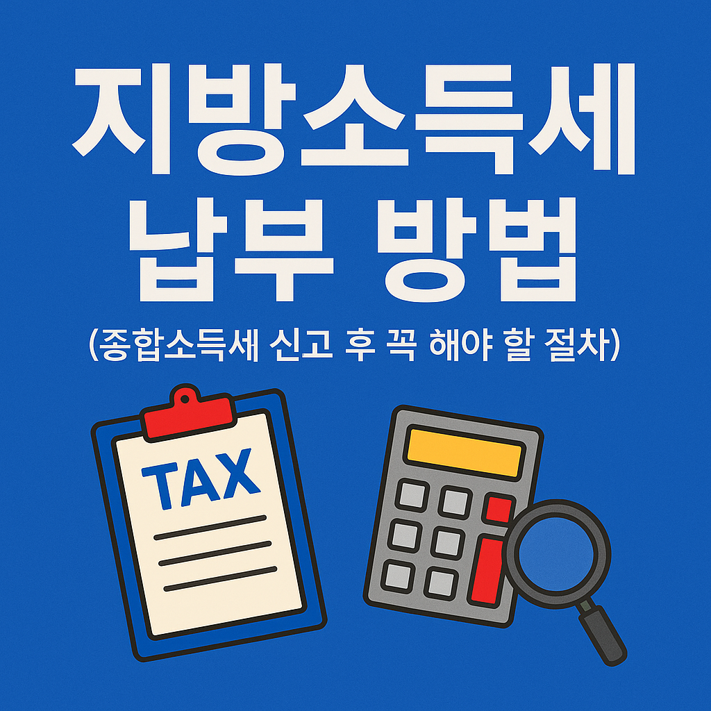“지방소득세 납부 방법 (종합소득세 신고 후 꼭 해야 할 절차)”라는 문구가 적힌 썸네일 이미지. 파란색 배경에 원색 계열의 클립보드, 계산기, 돋보기 아이콘이 함께 배치되어 있으며, 차가운 톤으로 세금 안내 주제를 시각적으로 강조함.