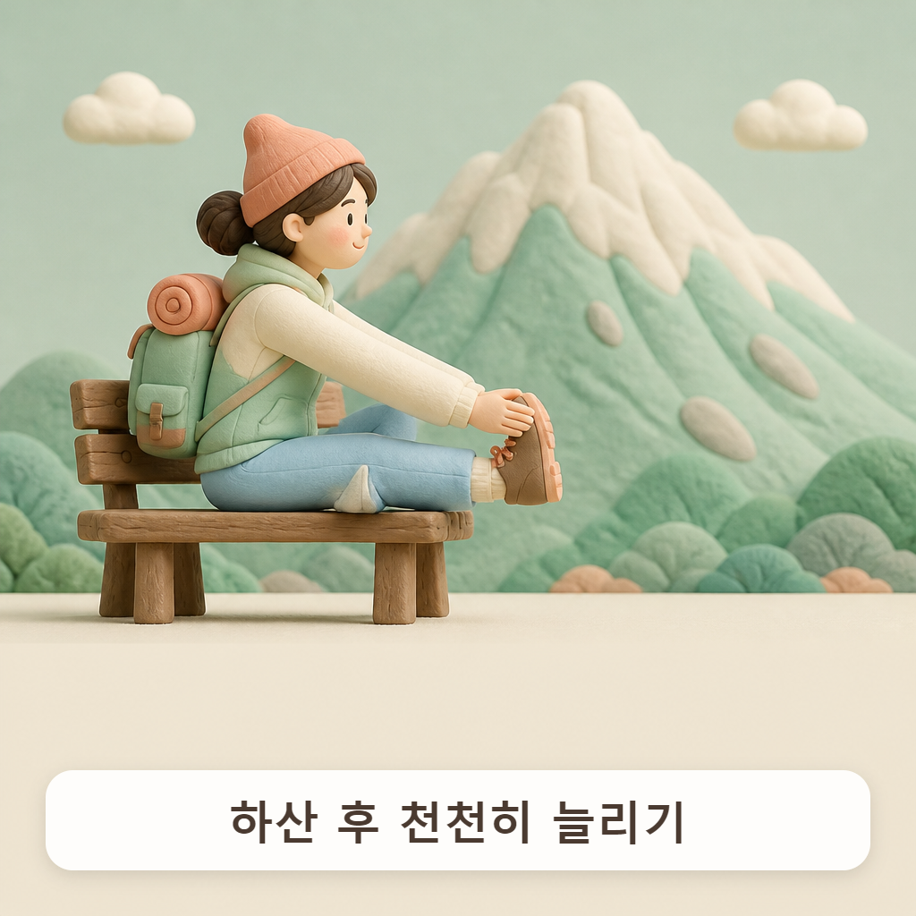 벤치에 앉아 한쪽 다리를 뻗고 발끝을 당기는 등산객