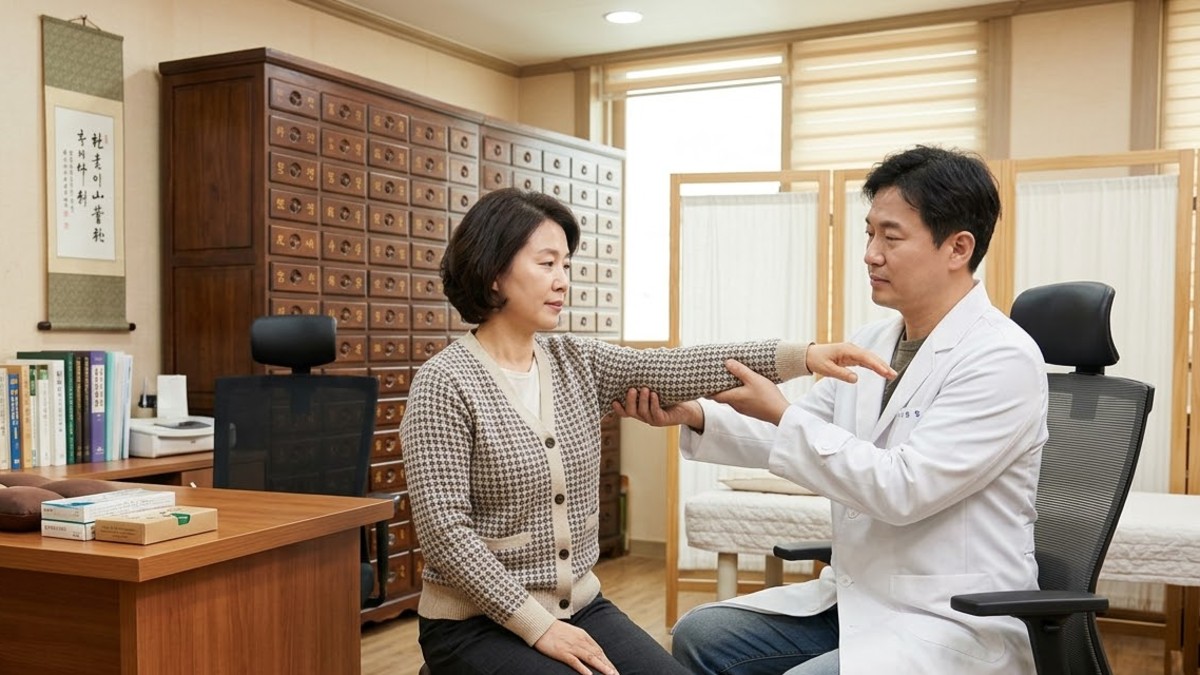 한의사가 환자의 팔을 옆으로 들어 어깨 움직임을 확인하는 모습