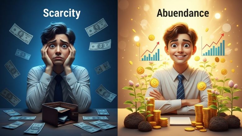 화면을 반으로 나눈 비교 이미지 - 왼쪽 'Scarcity'는 어두운 파란 배경에 날아다니는 달러 지폐 속에서 머리를 감싸 쥔 걱정하는 남성, 오른쪽 'Abuendance'는 황금빛 배경에 금화 나무와 상승 그래프 속에서 팔짱끼고 웃는 남성으로 결핍과 풍요 사고방식 대비