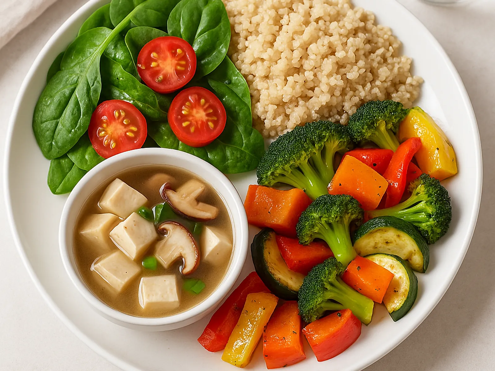 혈압 관리 식단 한 접시(시금치&middot;토마토 샐러드, 퀴노아, 구운 채소, 두부&middot;버섯 국)