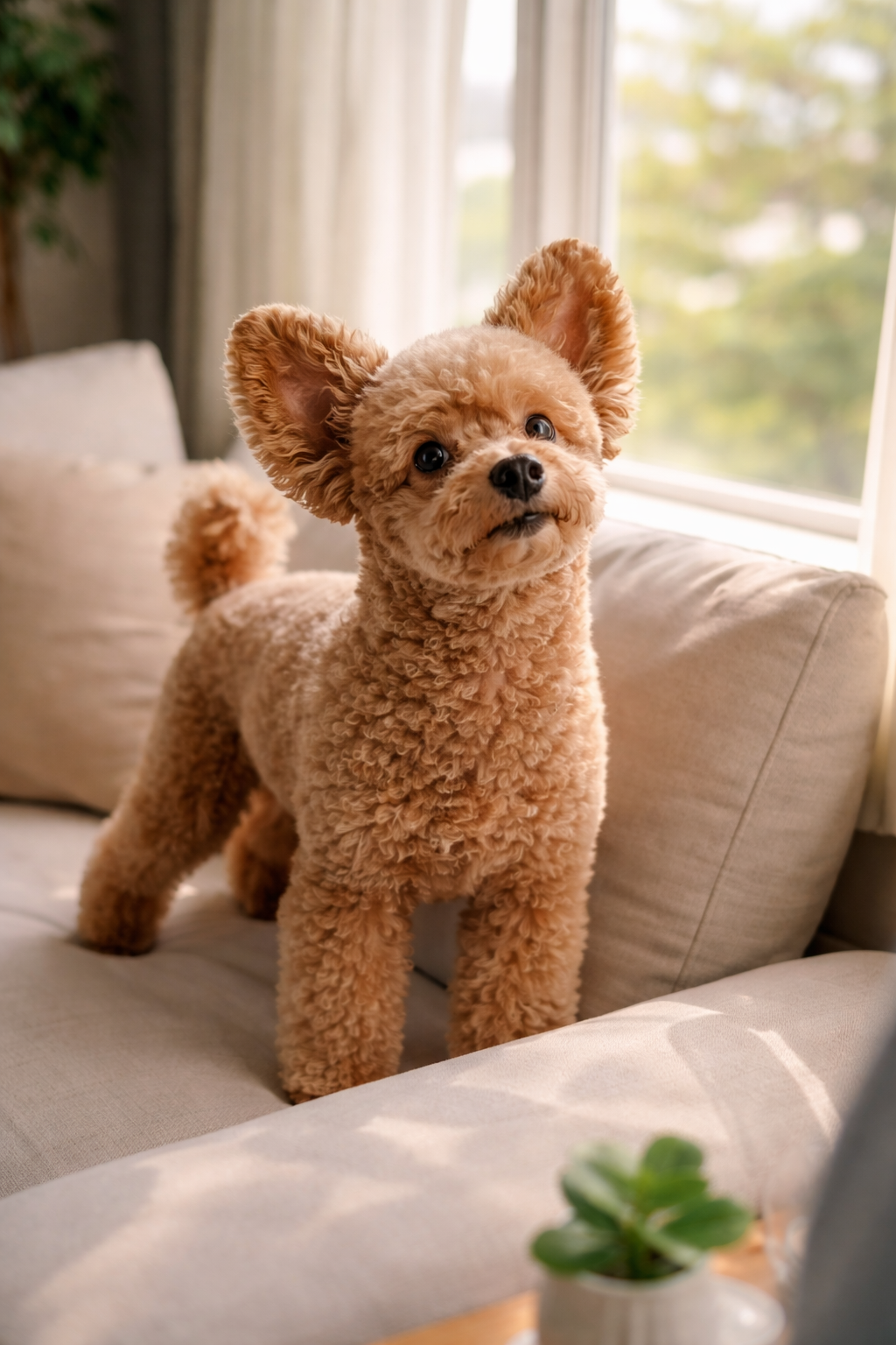 귀를 세우고 긴장한 표정의 강아지