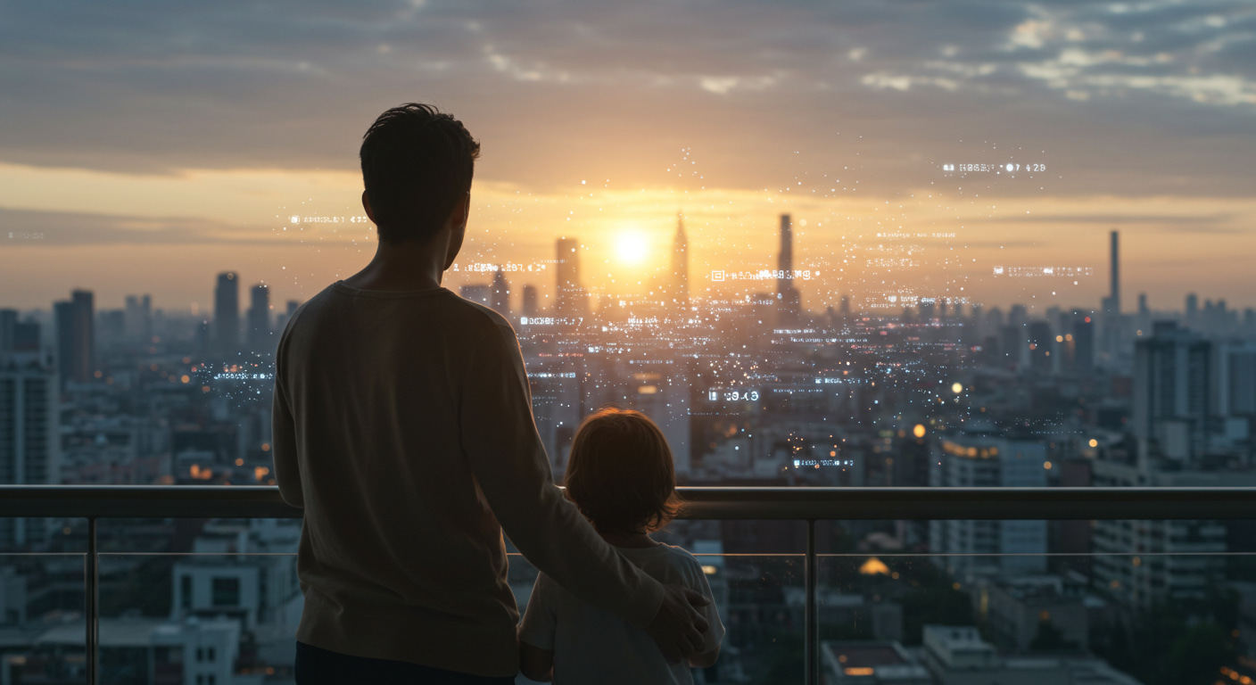 AI 시대를 살아갈 자녀를 격려하고 안내하는 부모의 따뜻한 뒷모습과 미래 풍경