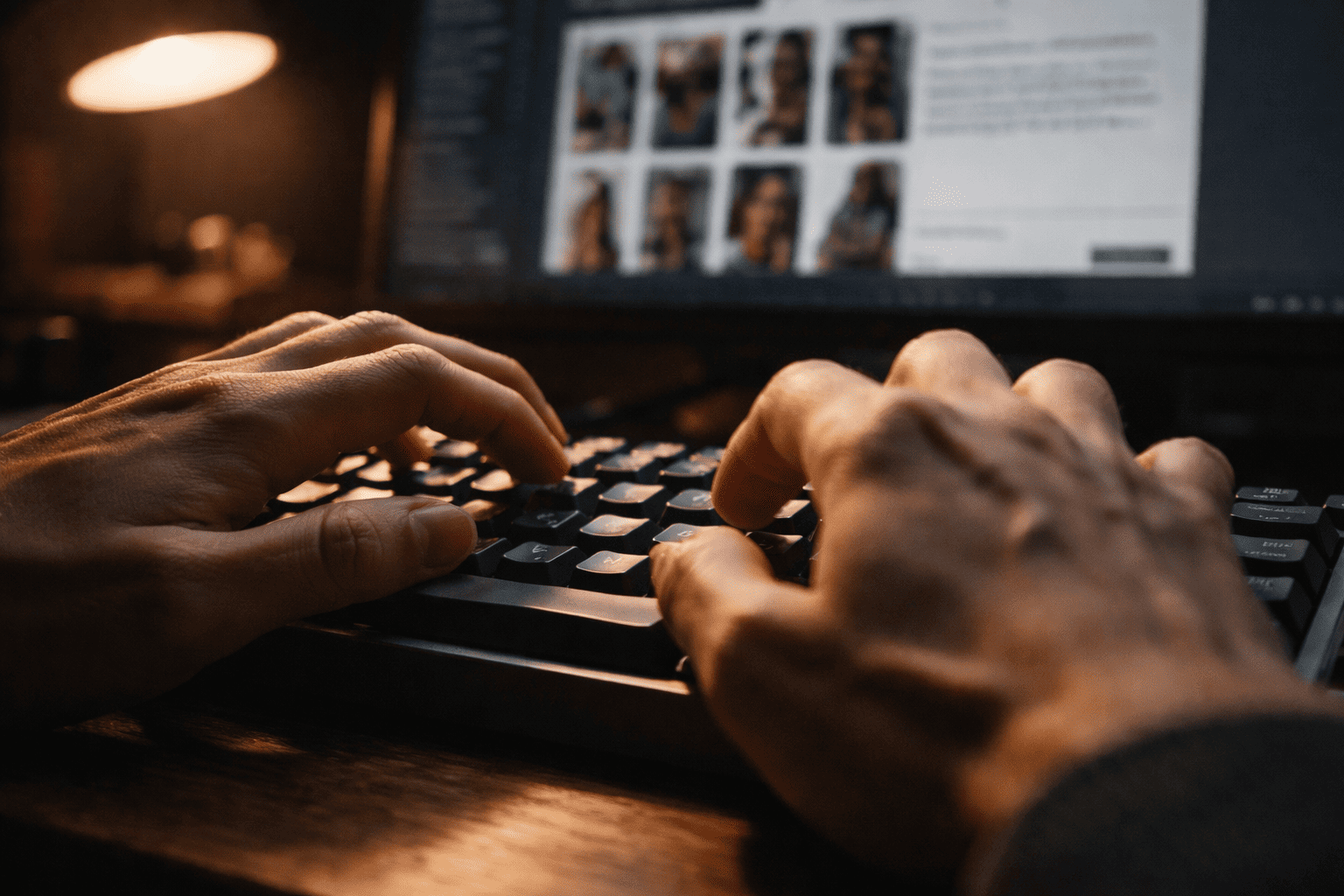 집중한 손의 키보드 타이핑 클로즈업, AI 상세페이지 기획을 세팅하는 몰입의 순간.