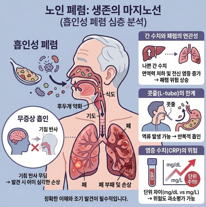 노인 흡입성 폐렴의 메커니즘 개요. 후두개 약화로 인한 기도 유입, 무증상 흡입과 기침 반사 저하, 간 수치와 폐렴의 연관성, 콧줄(L-tube)의 한계 및 CRP 염증 수치 주의사항 설명