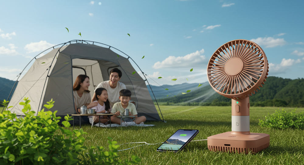 2025년 캠핑용 무선 선풍기 이미지: 푸른 잔디밭 캠핑장에서 최신 무선 선풍기가 시원한 바람을 내뿜고 있으며, 스마트폰 충전과 LED 조명 기능을 사용 중인 모습.